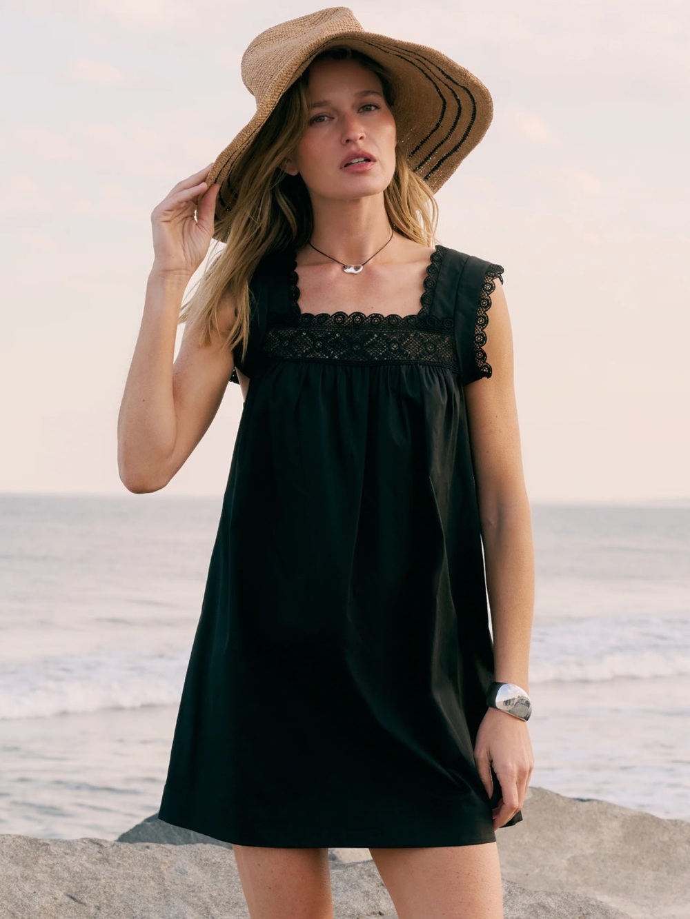 Few Moda Sorella Black Lace-Trim Cotton Mini Dress Size S NWT